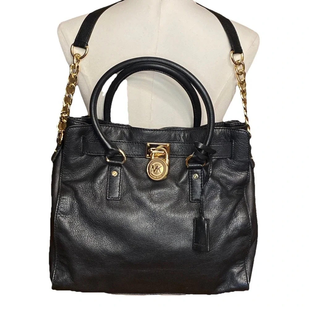 Michael Kors black leather handbag Gold Chain Handle Multi Pockets Dust bag